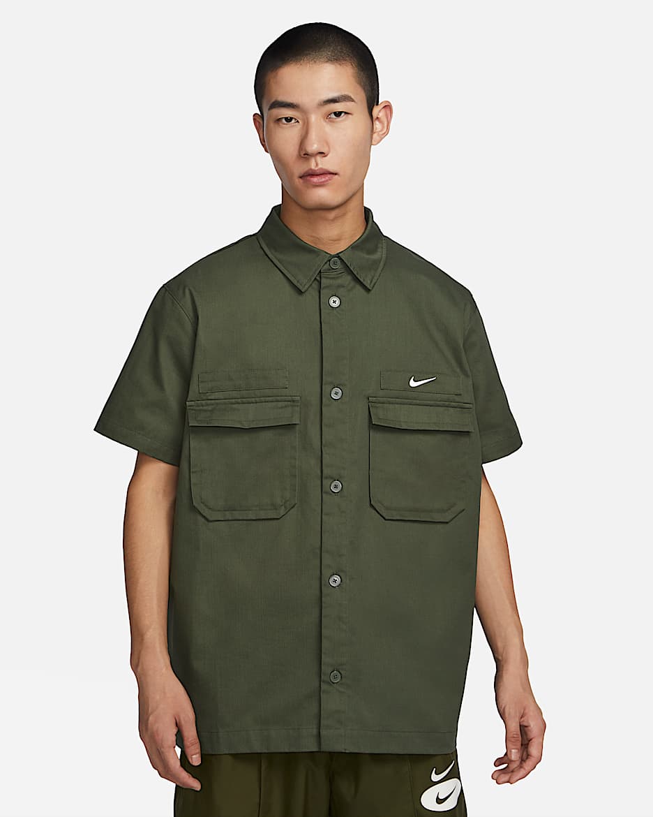Nike Life 男子梭织军旅风短袖纽扣衬衫 - 军裤卡其/白色