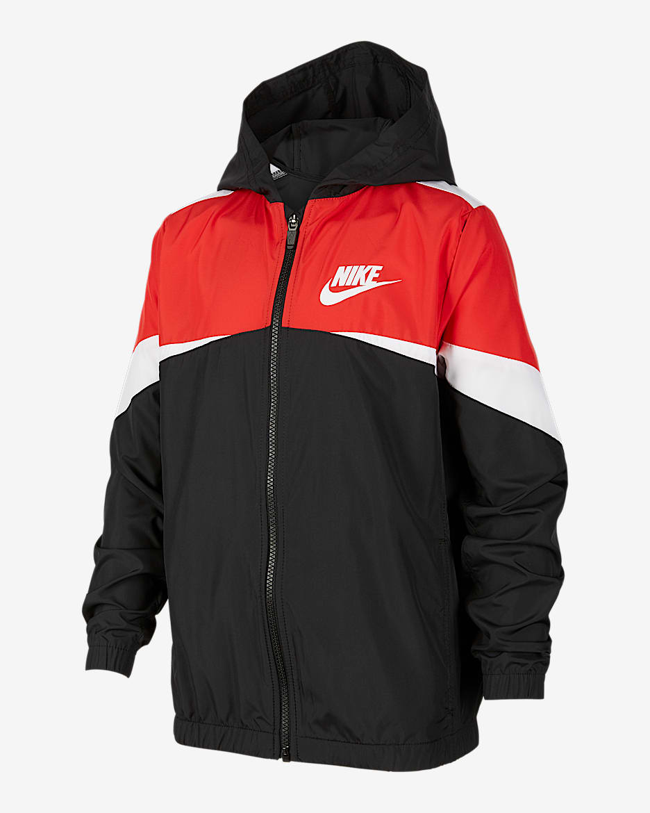 Nike Sportswear 大童（男孩）梭织夹克 - 黑/大学红/白色/白色