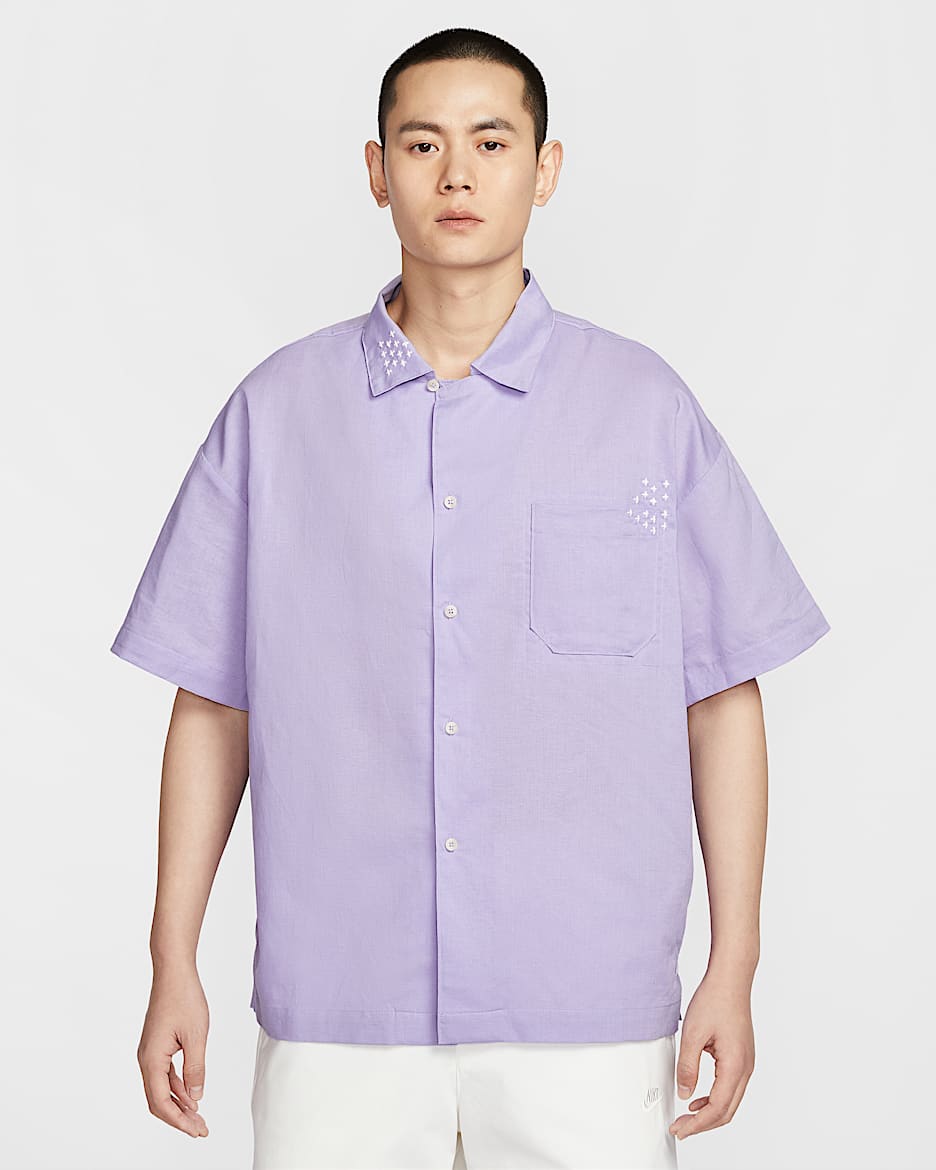 Nike Life 男子短袖纽扣上衣 - 绣球花紫/幻影灰白/绣球花紫