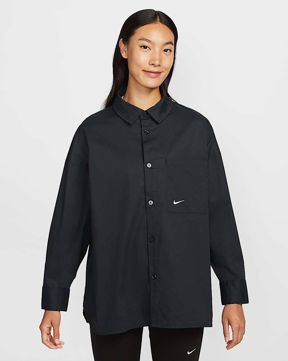 Nike Sportswear Chill Poplin 女子宽松长袖纽扣上衣 - 黑/帆白