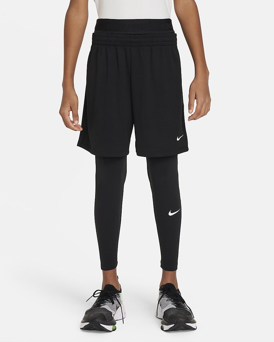 Nike Pro Dri-FIT 大童（男孩）速干训练紧身裤 - 黑/黑/白色