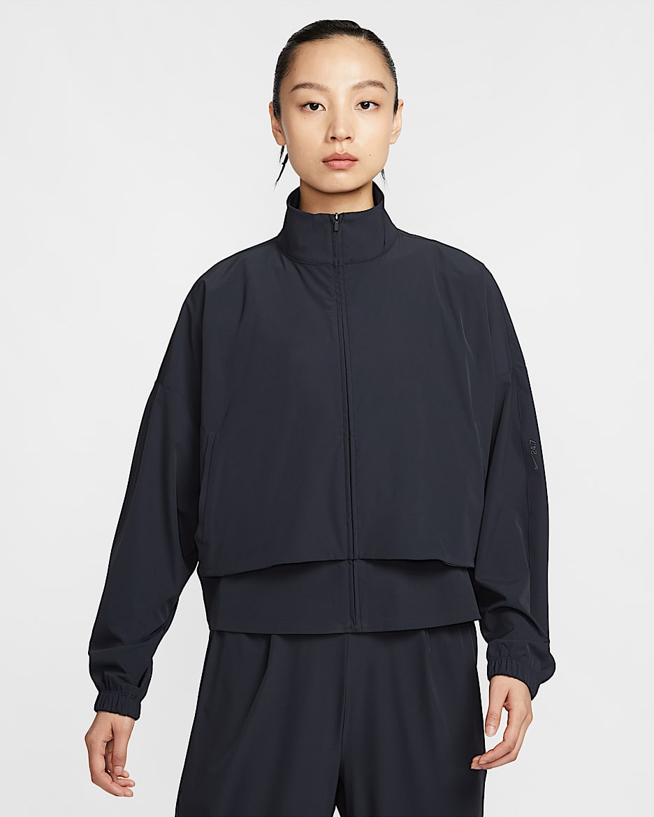 Nike 24.7 PerfectStretch Dri-FIT 女子 Oversize 风速干全长拉链开襟夹克 - 黑/暗烟灰
