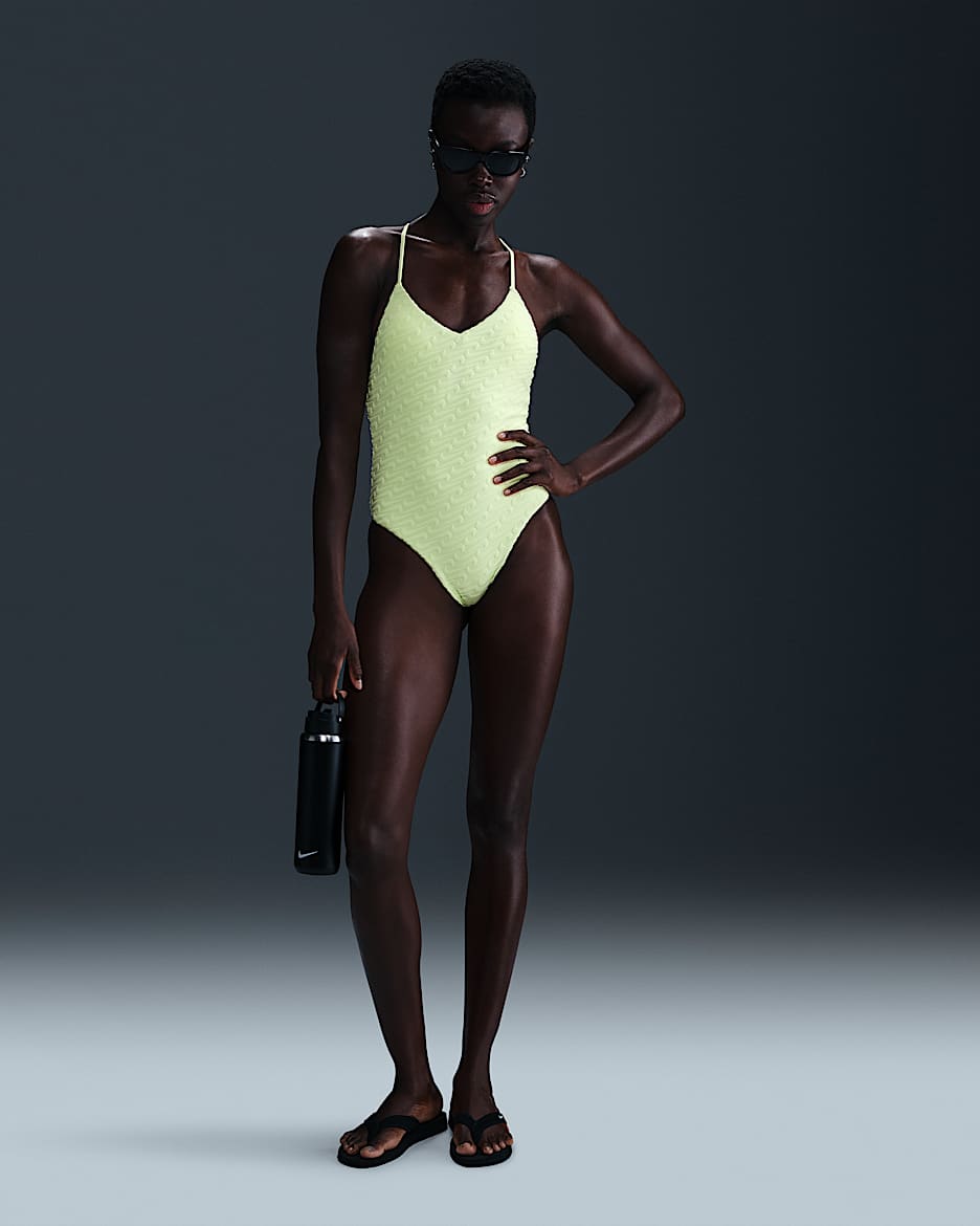 Nike Swim Swoosh Link 女子 Y 字露背连体泳衣 - 微黄绿/黑