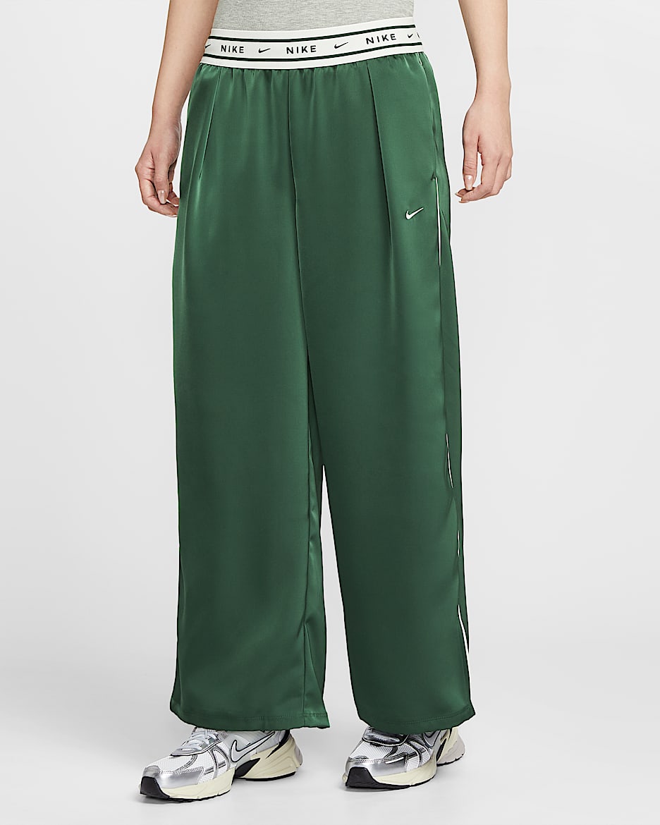Nike Sportswear 女子宽松中腰缎面长裤 - 冷杉绿/帆白
