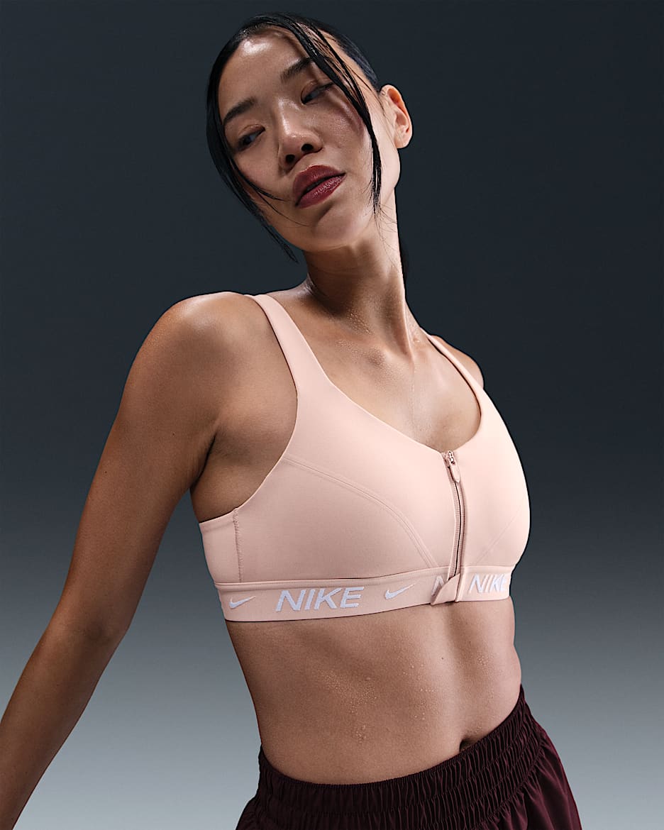 Nike Indy 女子速干高强度支撑衬垫前拉链运动内衣 - 砂岩灰粉