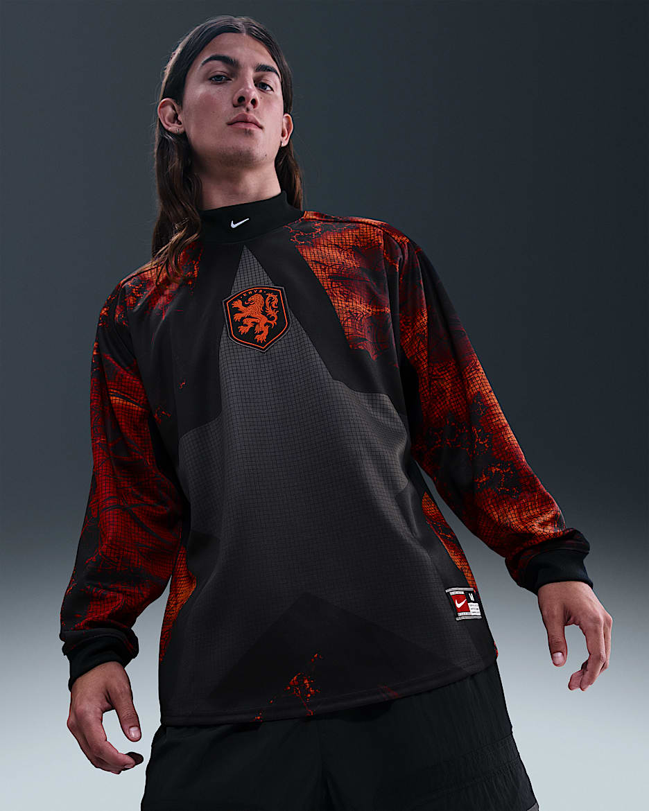 荷兰队守门员 Nike 男子长袖足球T恤 - 黑/橙红/白色