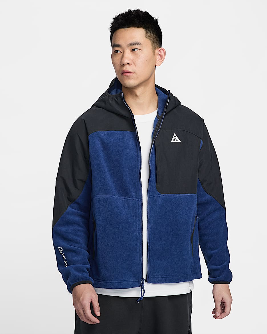 Nike ACG "Wolf Tree" Plus 男子全长拉链开襟宽松摇粒绒连帽上衣 - 黑/空间蓝/山峰白