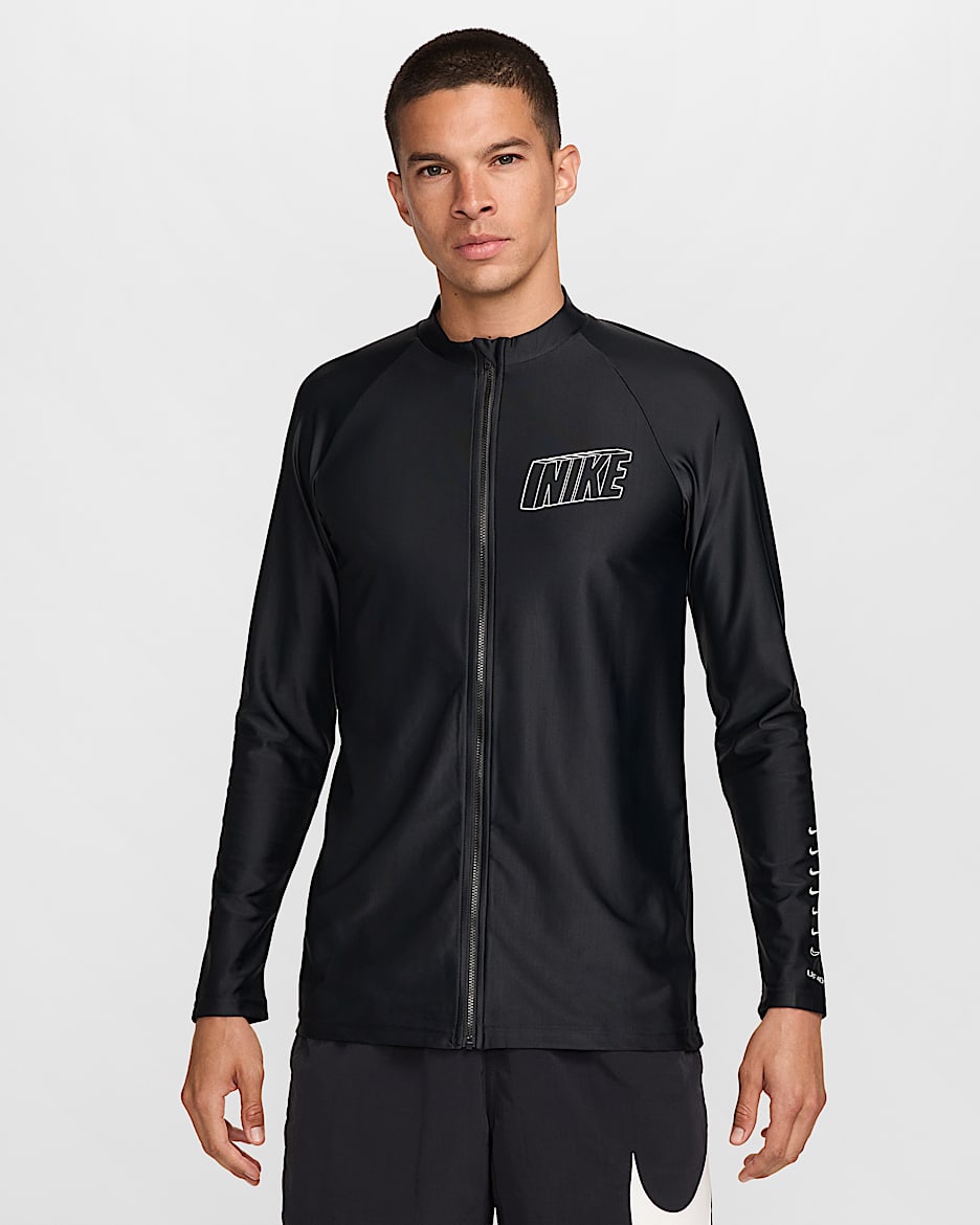 Nike Swim 3-D 男子全长拉链开襟防晒长袖上衣 - 黑/白色