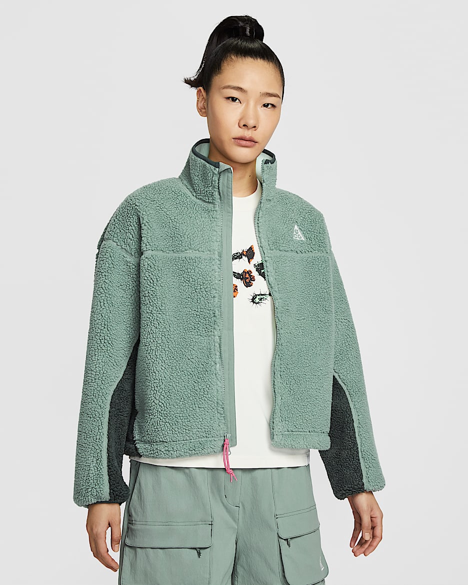 Nike ACG "Canwell Glacier" Therma-FIT ADV 女子仿羊羔绒全长拉链开襟夹克 - 土绿/海藻绿/泡沫薄荷绿/山峰白