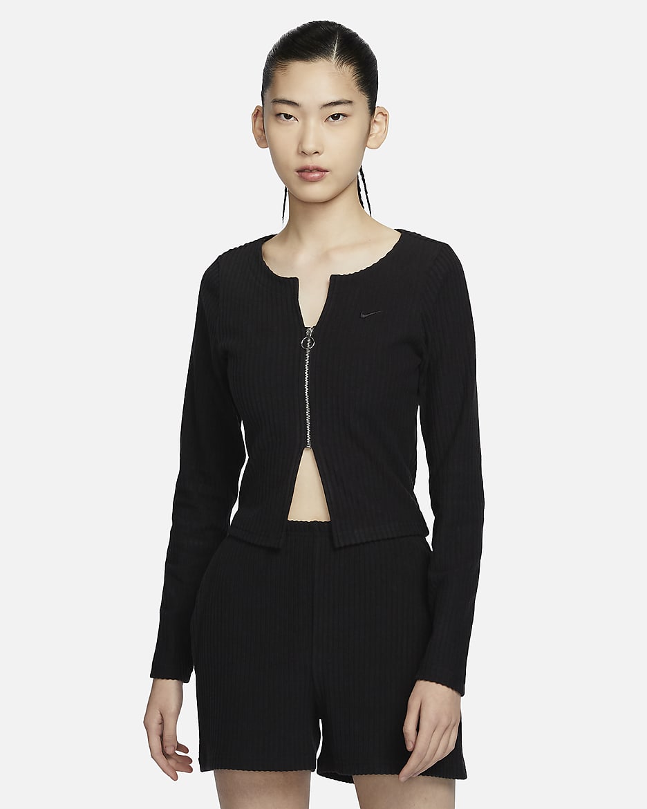 Nike Sportswear Chill Rib 女子修身拉链开襟开衫 - 黑/黑